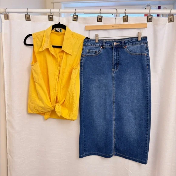 SET! Yellow Button-Up + Denim Midi Skirt Set | Size M Top / Size 6 - Picture 3 of 15